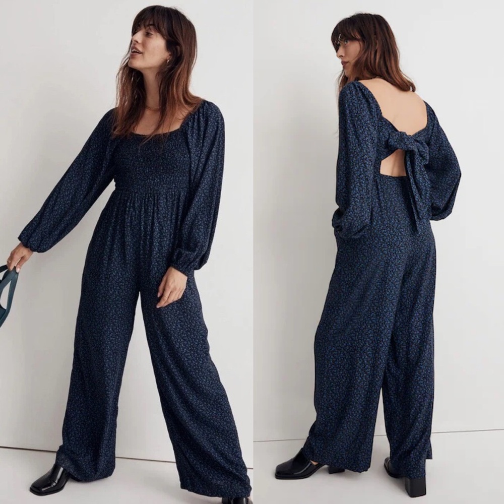 Madewell Lucie Tie-Back Long-Sleeve Jumpsuit in Carmine Floral